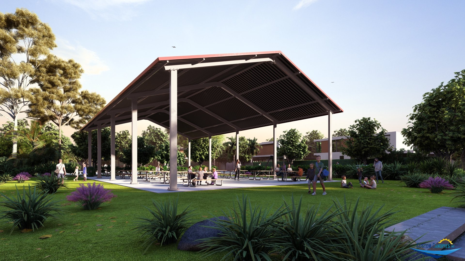 commercial-canopy-installation-cost Commercial canopy installation cost example: steel shade canopy structure installed over a commercial park picnic area