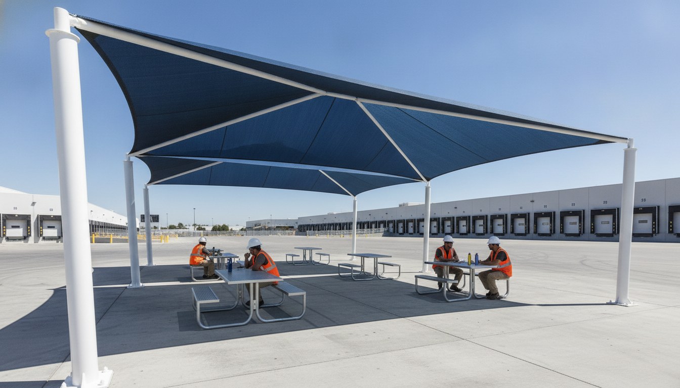 employee-break-area-shade-structures Employee break area shade structures over metal picnic tables at a warehouse distribution center with workers on break