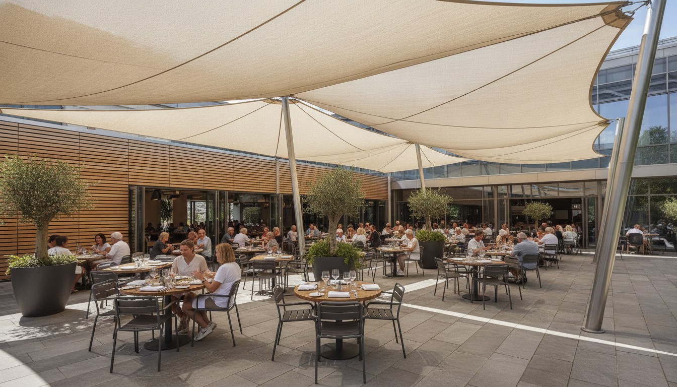 Outdoor dining shade structures for restaurants covering a commercial patio dining area