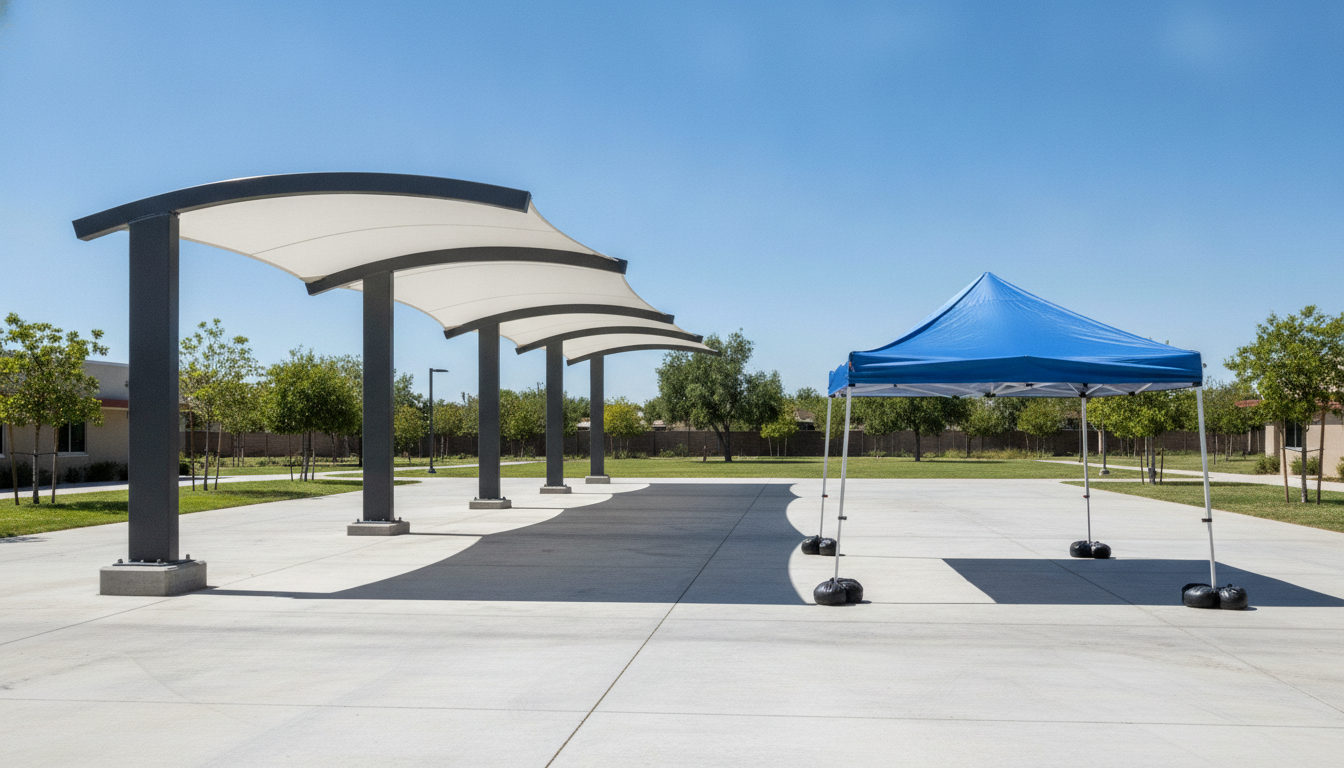 Permanent vs portable shade structures comparison showing an engineered steel canopy beside a pop-up tent
