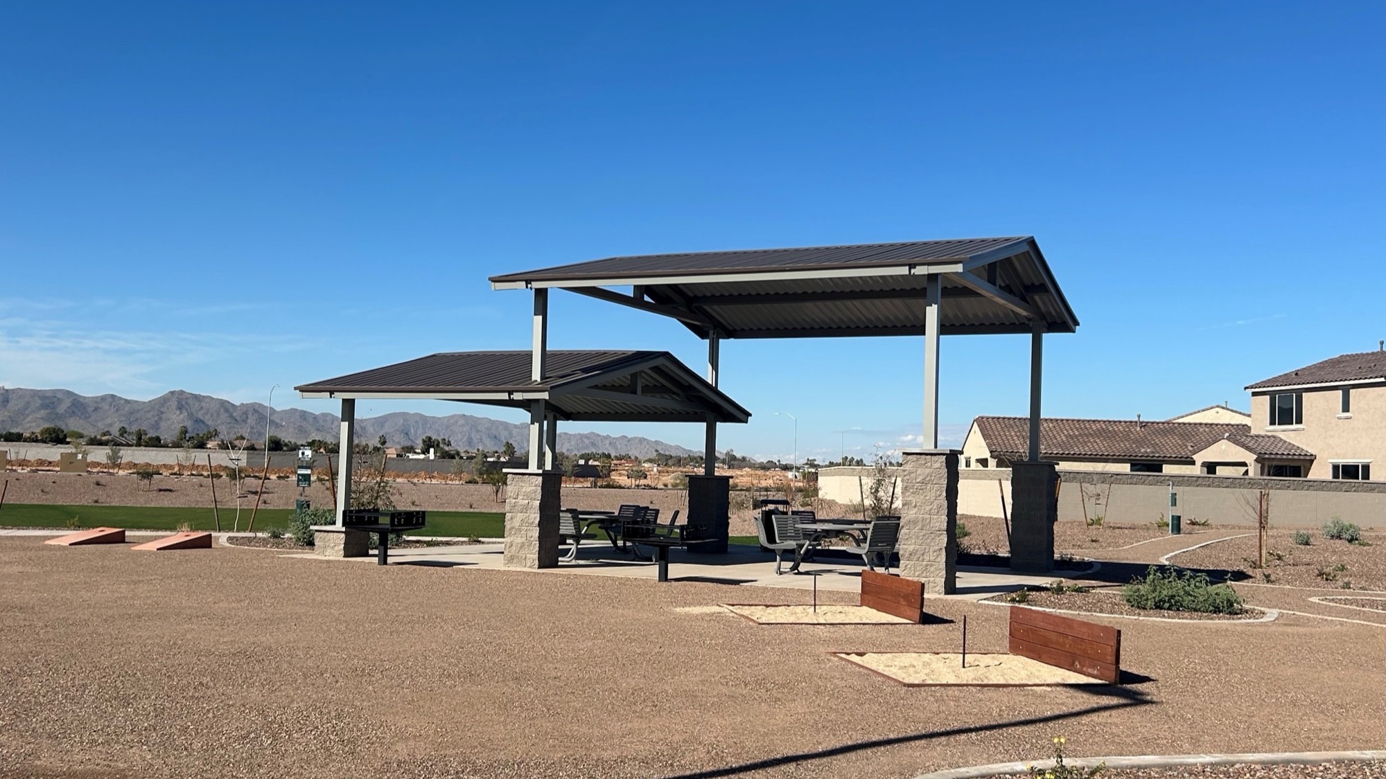 Shade structure manufacturer commercial steel canopy pavilions with stone columns