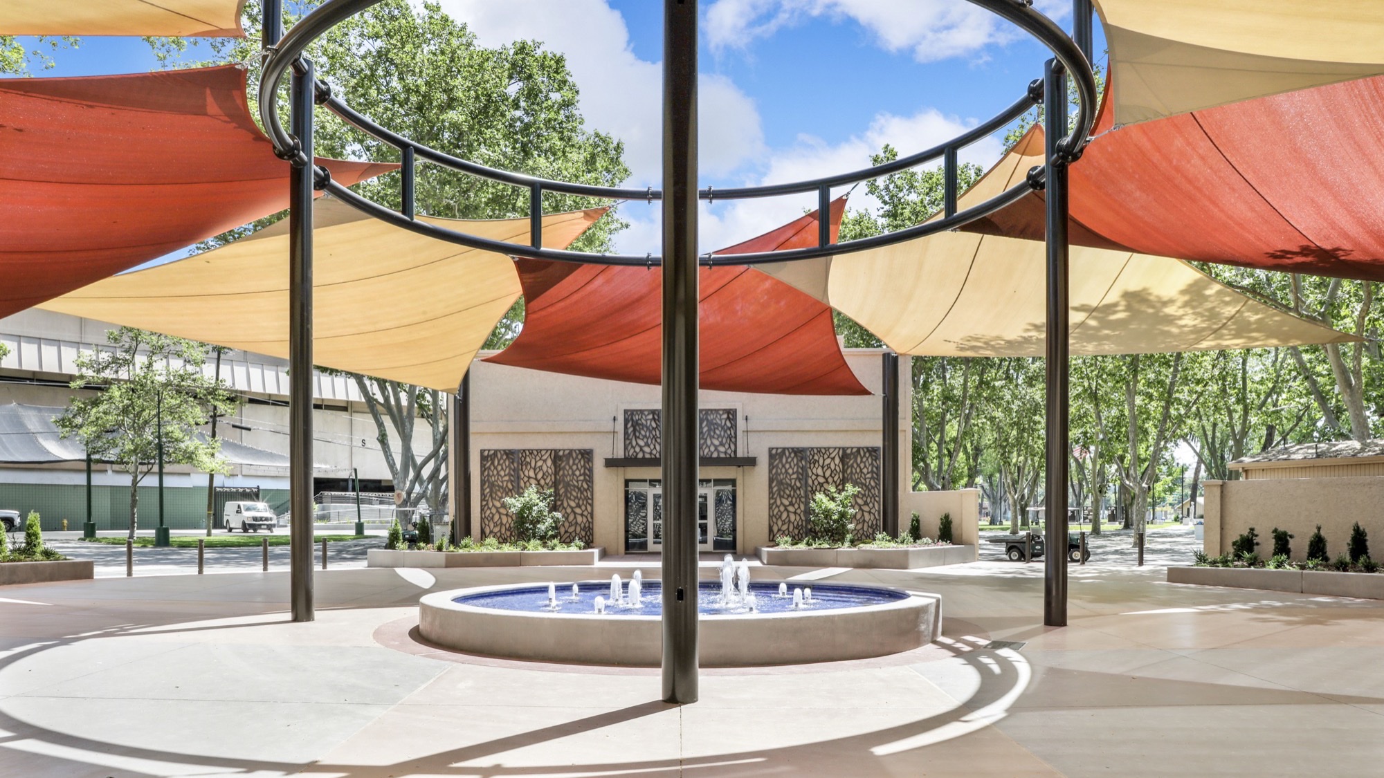 Food Truck Park Shade Structures Food truck park shade structures over communal seating plaza